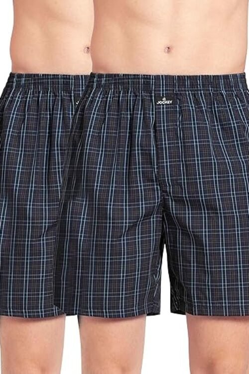 Jockey 1223 Men’s Super Combed Mercerized Cotton Woven Checkered Boxer Shorts with Side Pocket (Pack of 2)